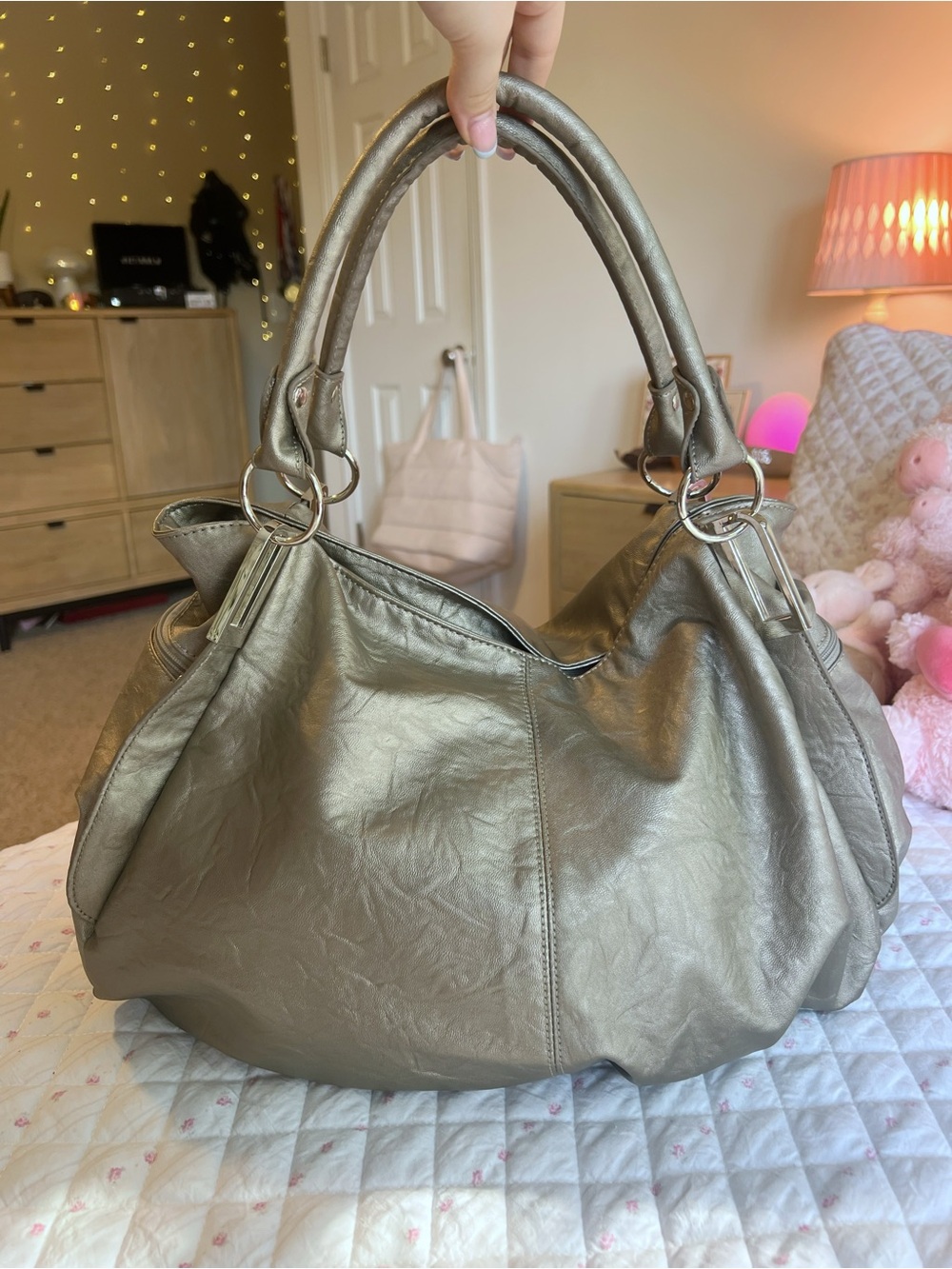 Y2K Bueno Metallic Oversized Slouchy Hobo Shoulder Bag Purse Silver Hardware